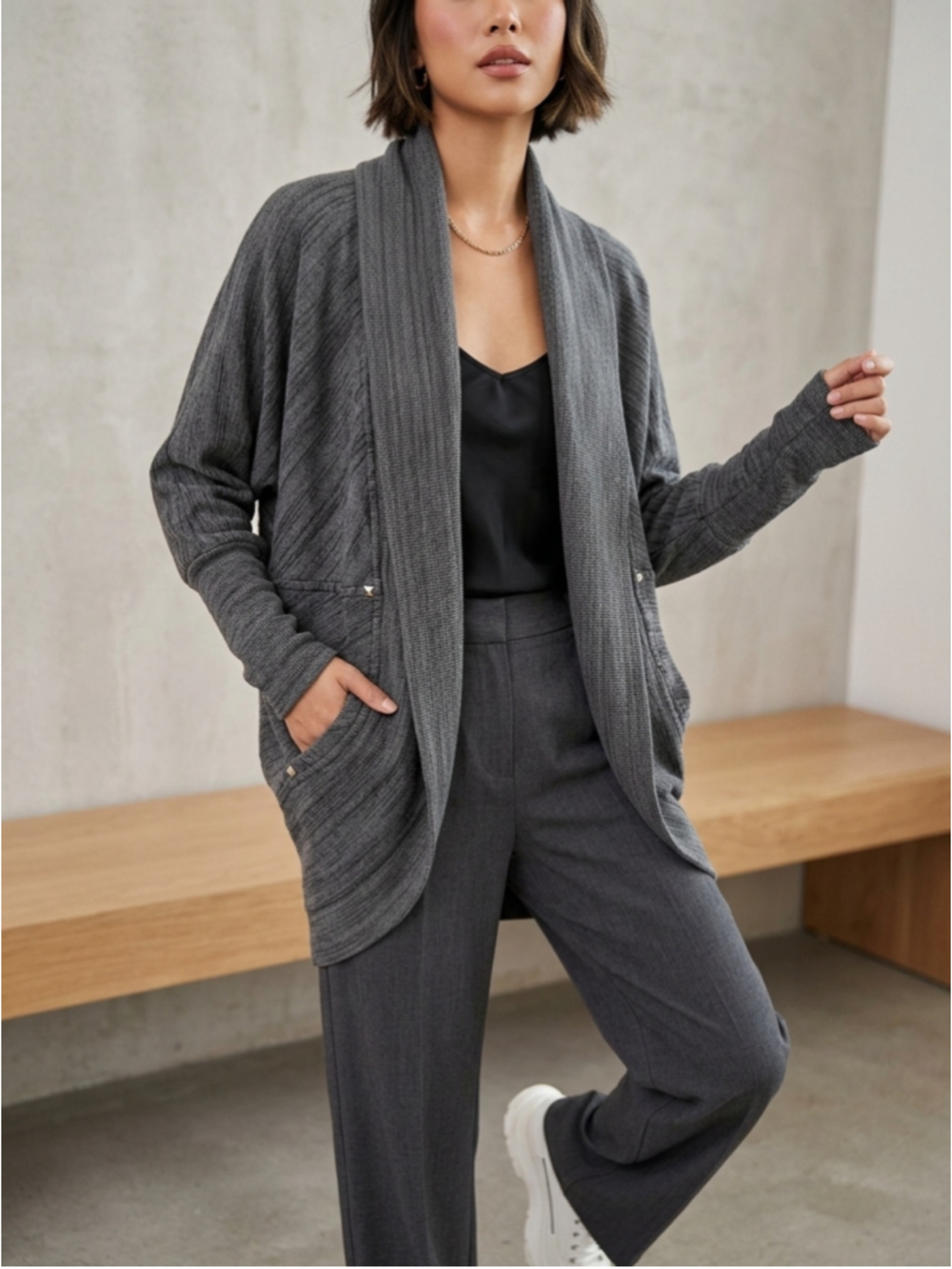 Wilfred Aritzia Grey Cocoon Cardigan Shawl Collar Open Front Sweater Coat M 2158